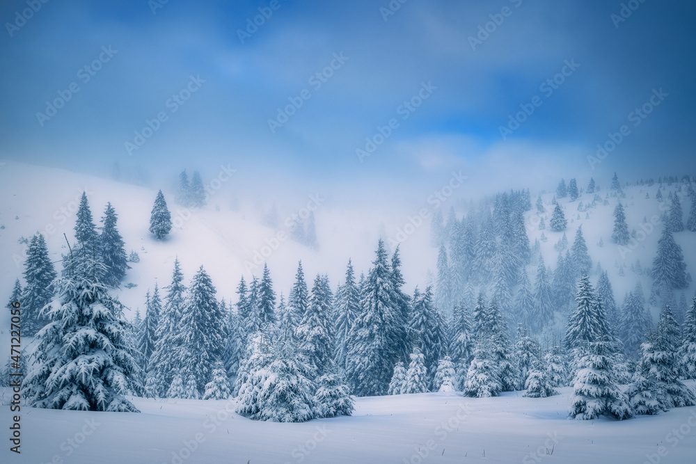 Panorama of a winter scene in the mountains with a blue cloudy sky and fog