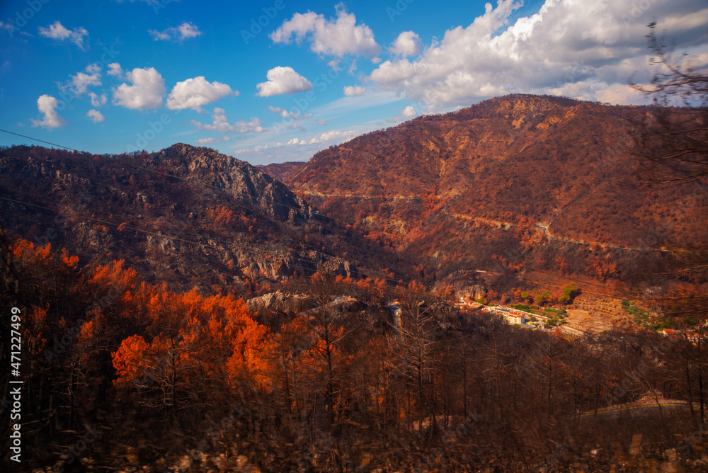 MARMARIS, TURKEY: View of the mountains in the Marmaris area towards the village of Turunch after the fires of 2021.