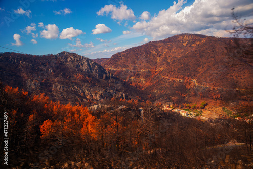 Fototapeta Naklejka Na Ścianę i Meble -  MARMARIS, TURKEY: View of the mountains in the Marmaris area towards the village of Turunch after the fires of 2021.