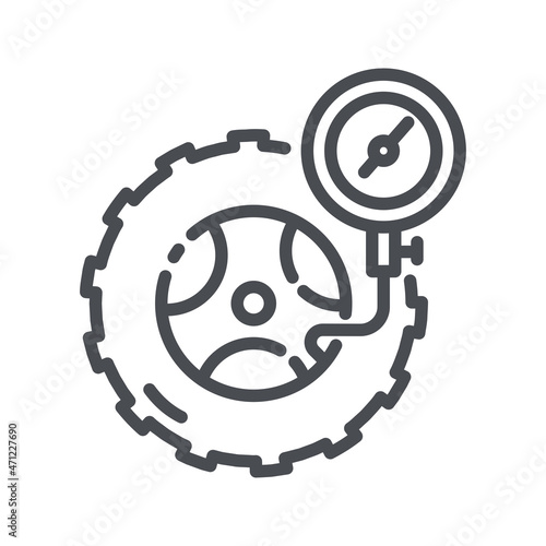 Vector line icon of a car tyre side view with manometer, pressure, gauge,