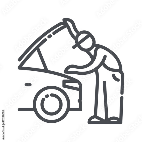 Vector line icon of a service inspection station and a Auto Mechanic under the car hood