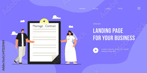 Groom and bride standing next to folder with marriage contract. Tiny wife and husband signing prenuptial agreement flat vector illustration. Convention, wedding, family concept