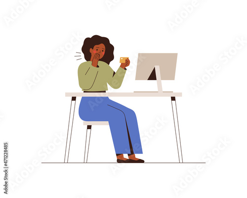 Black woman looks at the debit card in horror. The Female was a victim of cyber fraud.  Stealing money and sensitive data concept. Vector illustration