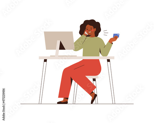 Young black woman holds a credit card in her hand and talks phone.  African American female uses a system of online payments. E-commerce and online shopping concept. Vector illustration