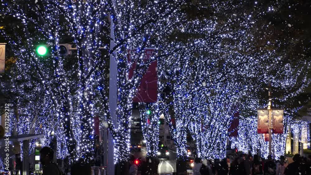 Tokyo, Japan - Nov 2021 : Christmas Illumination, Led Light Up And Snow 