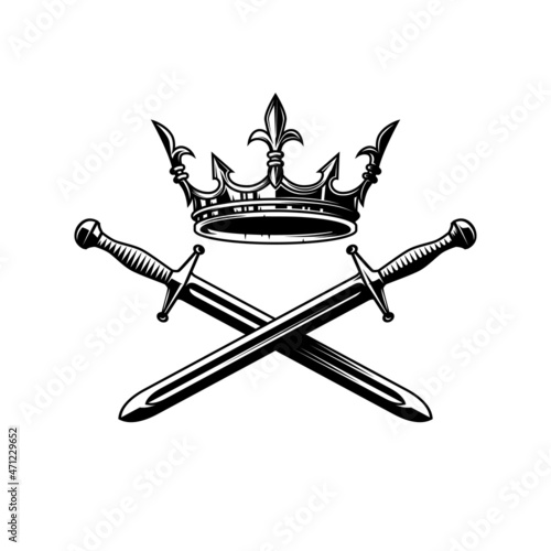 Illustration of king crown and crossed swords in monochrome style. Design element for logo, emblem, sign, poster, t shirt. Vector illustration