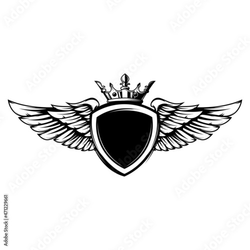 Emblem template with wings and crown. Design element for logo, label, sign, emblem. Vector illustration