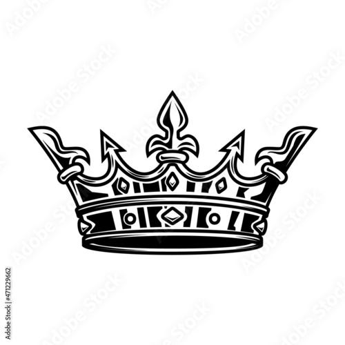 Illustration of king crown in monochrome style. Design element for logo, emblem, sign, poster, t shirt. Vector illustration