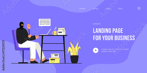 Hacker sitting with laptop trying to scam victim on internet. Fraud artist working at home flat vector illustration. Online crime, cybercrime concept for banner, website design or landing web page.
