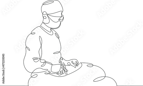 One continuous line. Doctor, surgeon in the operating room. A doctor in a mask and a robe. Medicine and healthcare.One continuous drawing line logo isolated minimal illustration.