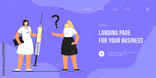 Female doctor holding syringe with covid vaccine. Patient interesting vax quality flat vector illustration. Coronavirus, vaccination, pandemic concept for banner, website design or landing web page.