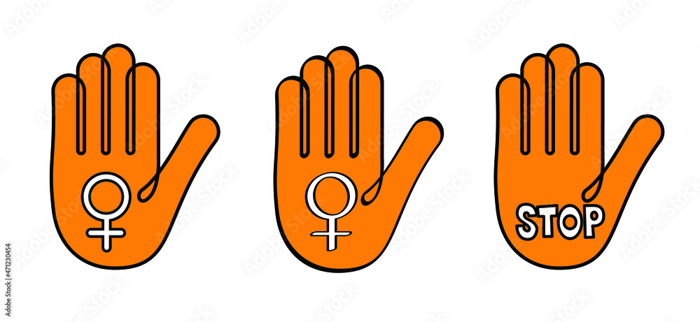 Obraz premium Orange the world. International day for the elimination of violence against women ans girls. Cartoon line drawing hands of stop hand gesture. Hand palm icon or symbol. Vector campaign logo.