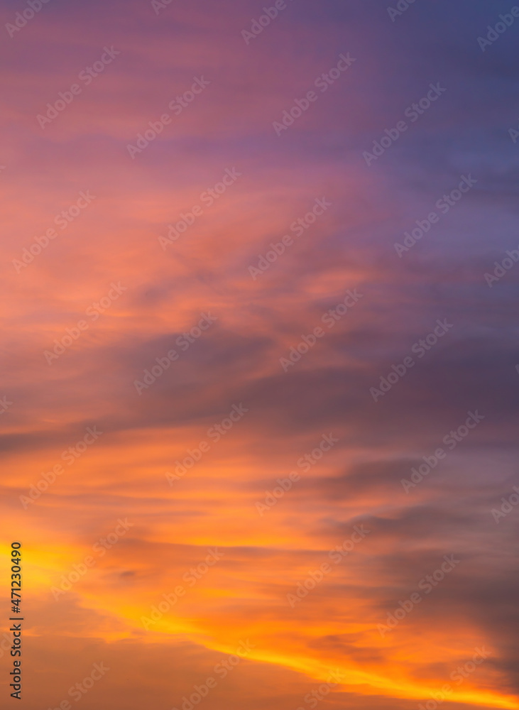 Beautiful view of sky with clouds at sunrise. Partly cloudy. Colorful sunset. Natural sky background texture, beautiful color.