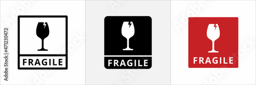 Fragile symbol icon set. Fragile sign for sticker and cardboard box packaging label. photo