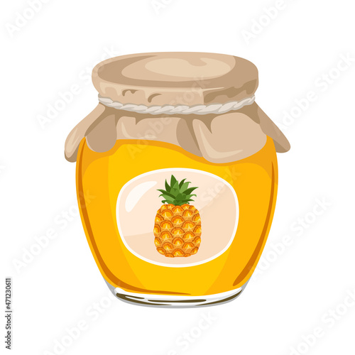 Pineapple jam in glass jar isolated on white background. Sweet tropical fruit marmalade. Vector food illustration in cartoon flat style.