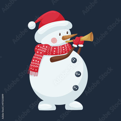 A cute snowman in a hat and a patterned scarf is blowing a pipe. A Christmas cartoon character in a flat style is isolated on a dark. Color vector illustration.