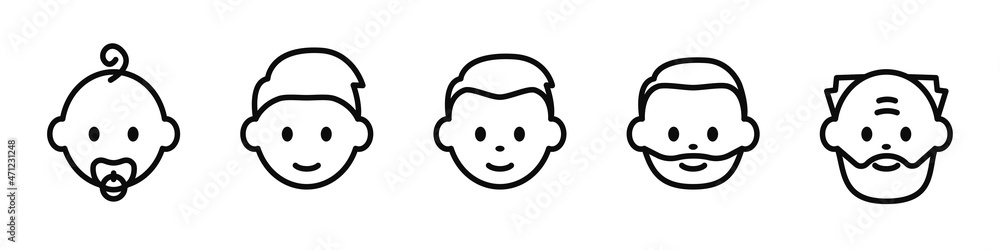 © Stocker_BM - Icons of male people from infant to elderly. Life cycle from birth to old age. Infant, child, young boy, adult and old man. Vector.