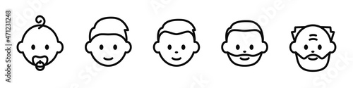 Icons of male people from infant to elderly. Life cycle from birth to old age. Infant, child, young boy, adult and old man. Vector.