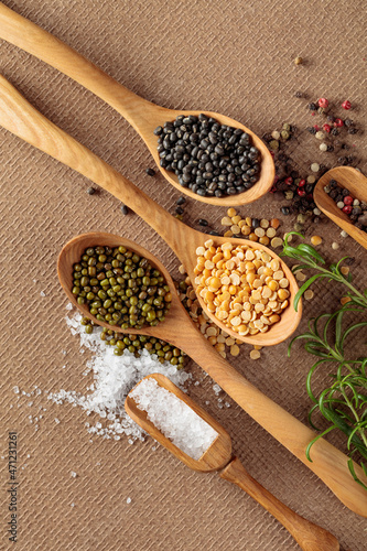 Various raw lentils with rosemary, salt and pepper.