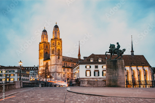 panorama of Zurich city center with Frau Munster and Grossmunster