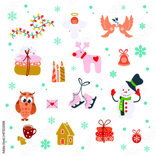 Christmas objects vector set with snowman, toys, deer, gifts.