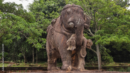 Colossal Statues of battle elephant on platforms near the north of the temple compound. Konark Sun temple, Odisha, India. photo