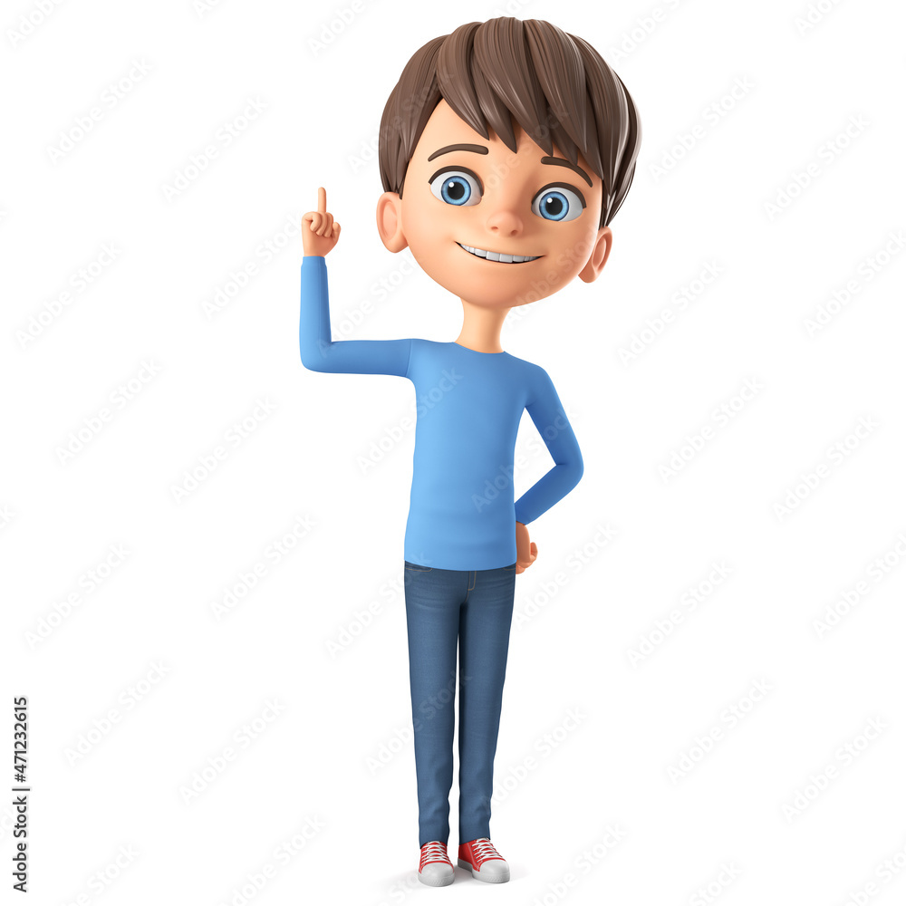 Cartoon character boy in a blue sweater points his finger up. 3d render illustration. Cartoon character boy in a blue sweater points his finger up. 3d render illustration.