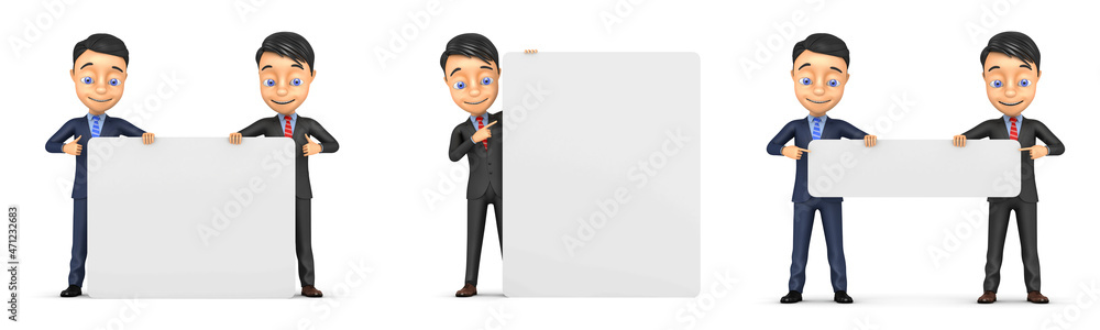 Two businesses and an empty board. Businessman points his finger at a blank board. 3d render illustration.