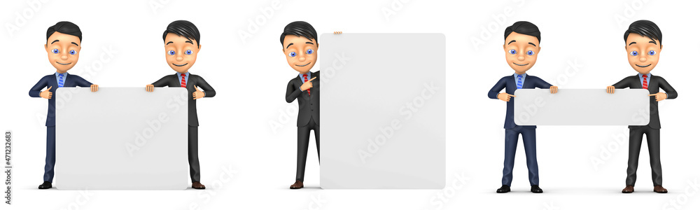 Two businesses and an empty board. Businessman points his finger at a blank board. 3d render illustration. Two businesses and an empty board. Businessman points his finger at a blank board. 3d render illustration.