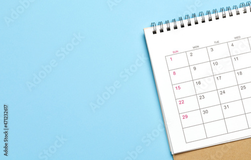 Blank calendar on blue background. Template Copy space for text. mock-up