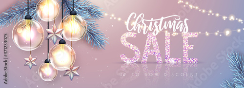 Christmas holiday sale banner with modern glowing lamps on silver background