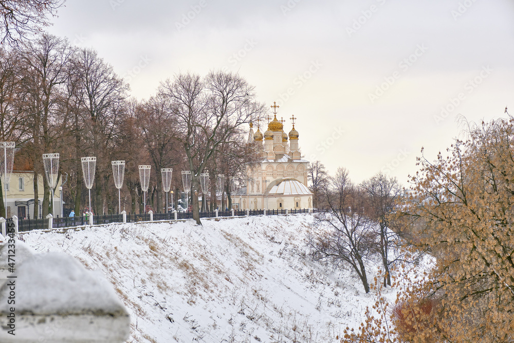 Scenic view of Church of The Transfiguration of Our Saviour On Yar near The Ryazan Kremlin. Beautiful winter look of ancient orthodox cathedral in old historic touristic city Ryazan