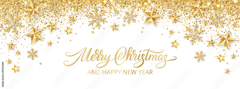 Holiday golden decoration. Falling glitter dust, stars and snowflakes. Hand written Merry Christmas text. Christmas border. Festive vector background. For New Year headers, banners, party posters. - obrazy, fototapety, plakaty 