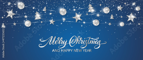 Vector Christmas banner with decorations. Sparkling silver ornaments on blue background. Merry Christmas hand written text. Holiday frame, border. Glitter garland for headers, party posters.