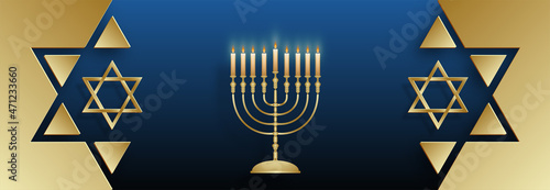 Happy Hanukkah card with nice and creative symbols and gold paper cut style on color background for Hanukkah Jewish holiday (translation : happy Hanukkah day, Hag HaHanukka)
