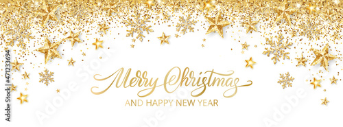 Holiday golden decoration. Falling glitter dust, stars and snowflakes. Hand written Merry Christmas text. Christmas border. Festive vector background. For New Year headers, banners, party posters.