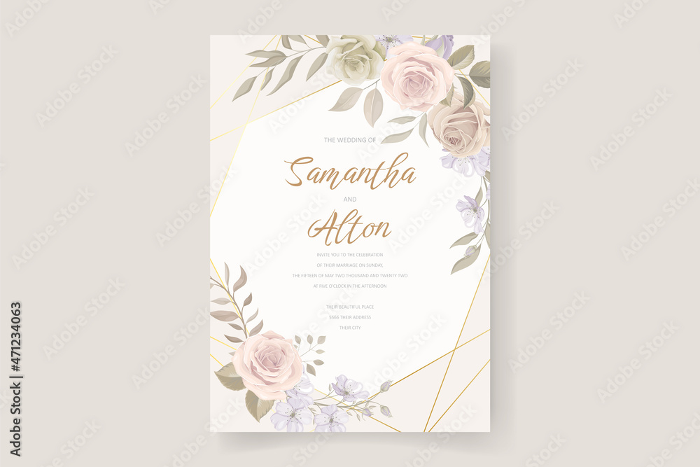 Beautiful soft floral and leaves wedding invitation card
