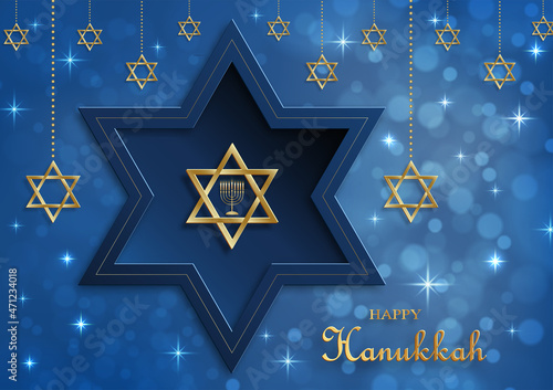 Happy Hanukkah card with nice and creative symbols and gold paper cut style on color background for Hanukkah Jewish holiday (translation : happy Hanukkah day, Hag HaHanukka)
