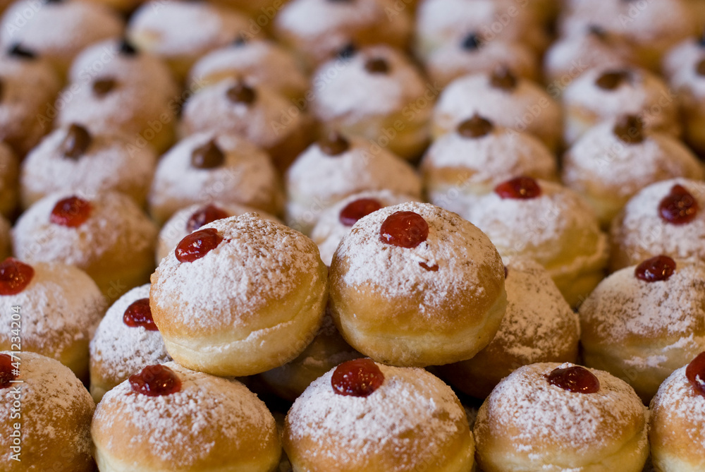 Donuts for sale in Israel during the Jewish holiday of Hanukkah. Donuts for sale in Israel during the Jewish holiday of Hanukkah.