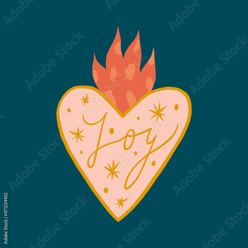 Sacred Heart lettering Joy text and berries frame childish cartoon boho naive funky handdrawn style art vector 