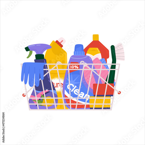Household chemicals basket illustration. Washing bathroom stuff like sprayer, sponge, gloves, brush, bleach, bottle. Cleaning service equipment concept. Shopping to keep house clean isolated vector.