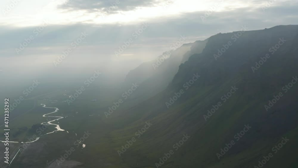 Breathtaking surreal aerial view of foggy highlands in Iceland. Amazing in nature. Mist covering countryside in southern nordic icelandic greenland Breathtaking surreal aerial view of foggy highlands in Iceland. Amazing in nature. Mist covering countryside in southern nordic icelandic greenland