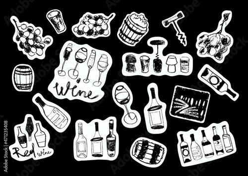 Sticker set winemaker. Wine daily planner, diaries vector hand-drawn illustration. Cute sticker template decorated with cartoon image. Signs, symbols, objects for scheduler, restaurant organizer.