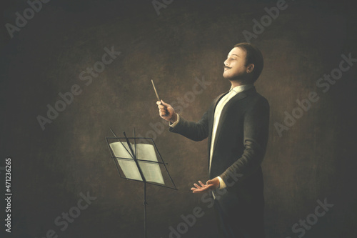 Illustration of maestro conducting orchestra, classic musician portrait photo
