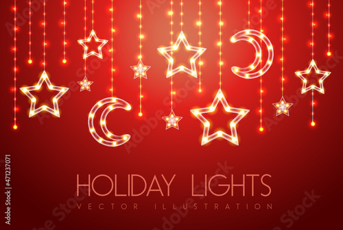 Vector garlang with gold or yellow lamps on red christmas background. Glowing star shape. Holiday string of lights vector illustration
