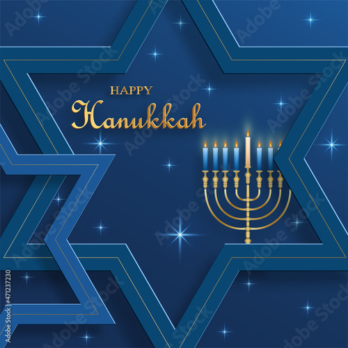 Happy Hanukkah card with nice and creative symbols and gold paper cut style on color background for Hanukkah Jewish holiday (translation : happy Hanukkah day, Hag HaHanukka)