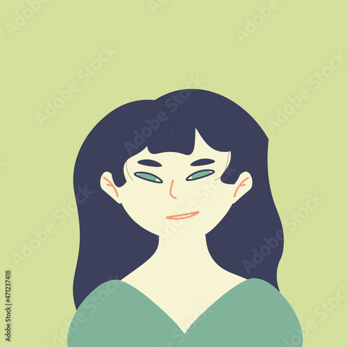 Flat illustration of an avatar icon for social networks and other. Dark-haired smiling girl.