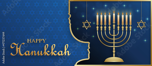 Happy Hanukkah card with nice and creative symbols and gold paper cut style on color background for Hanukkah Jewish holiday (translation : happy Hanukkah day, Hag HaHanukka)