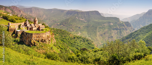 Majestic Tatev Monastery located on an inaccessible basalt rock with wonderful views of the Vorotan River gorge. Travel and worship attractions in Armenia photo