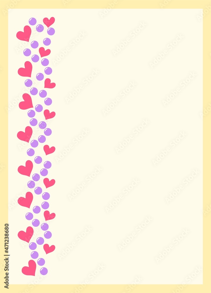 Hearts and beads, simple vector vertical background border in gentle pink and yellow colors for February 14, Valentine's day template, blank with copy space 